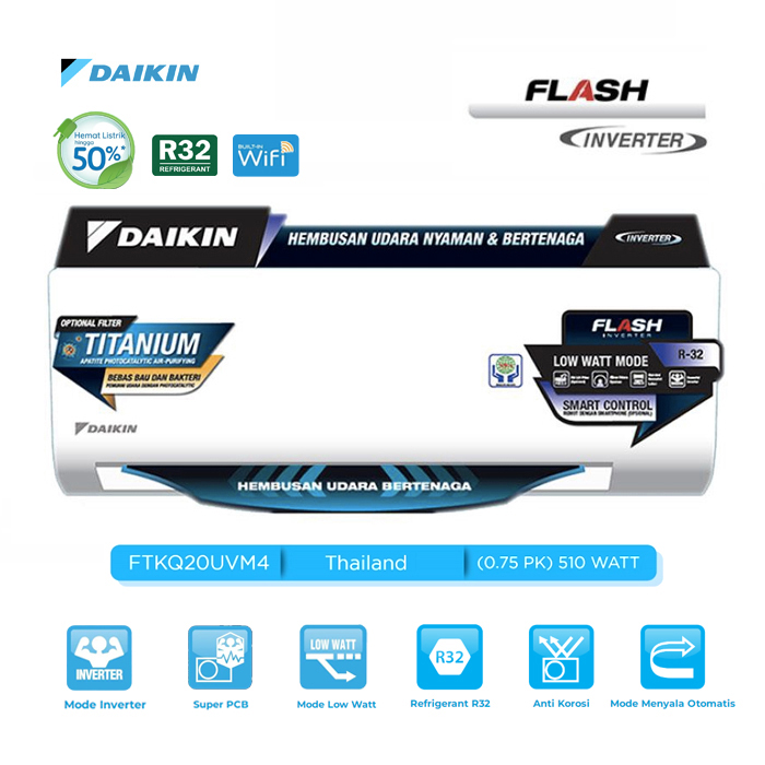 Daikin AC Flash Inverter Wall Mounted Split Thailand 3/4 PK - FTKQ20UVM4